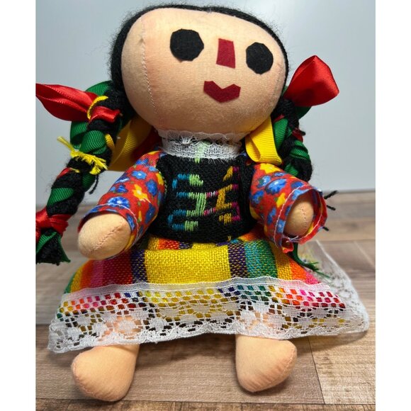 Handmade Traditional Mexican Cloth Doll With Braided Hair & Colorful Ribbon - Picture 4 of 5
